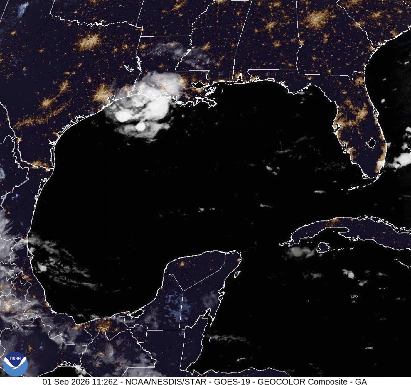 Tropical Storm Edouard approaches Texas and Louisiana with potential for heavy rains, flooding; NOAA satellite image shows storm heading toward Gulf Coast