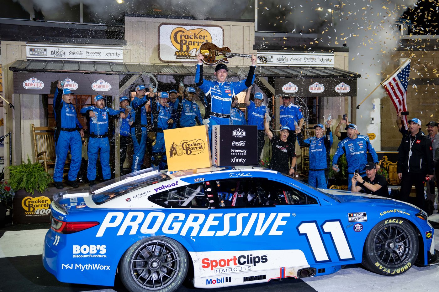 Denny Hamlin storms back from a pole-start penalty to win at Nashville Superspeedway | iNFOnews.ca Denny Hamlin storms back from a pole-start penalty to win at Nashville Superspeedway | iNFOnews.ca