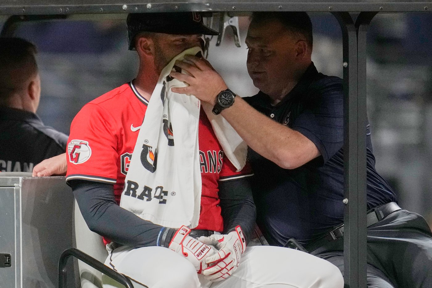 David Fry back in Guardians clubhouse after being hit by pitch in the face earlier this week | iNFOnews.ca