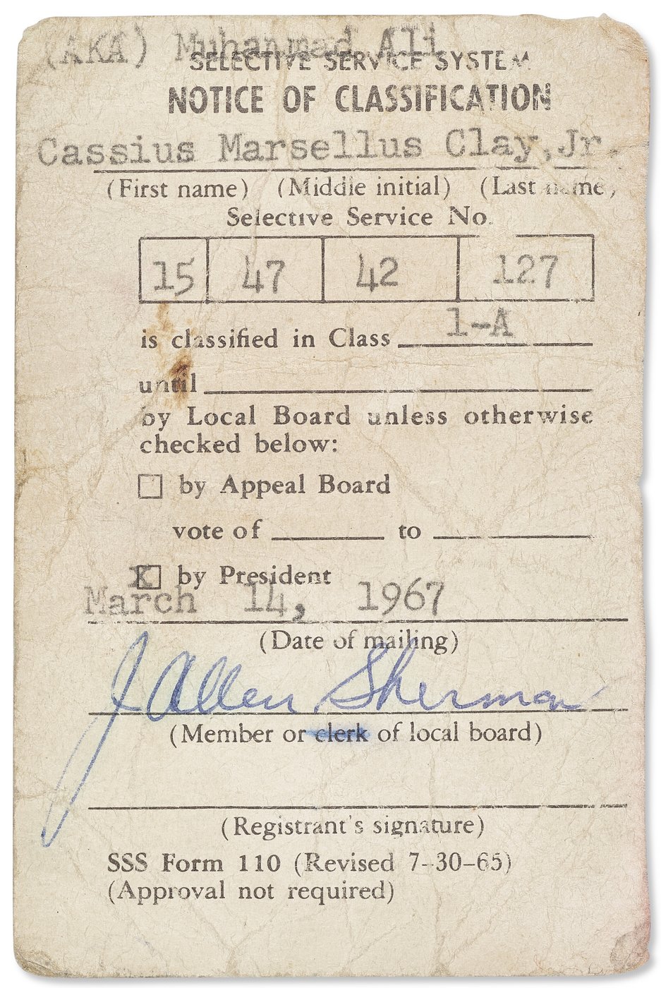 Muhammad Ali's unsigned draft card, a piece of Vietnam-era history, will be auctioned | iNFOnews.ca